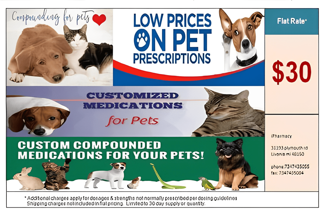 A banner ad for pet prescriptions with various animals.