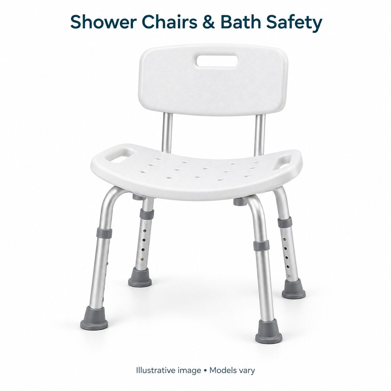 Illustration of Shower Chairs and Bath Safety; models vary
