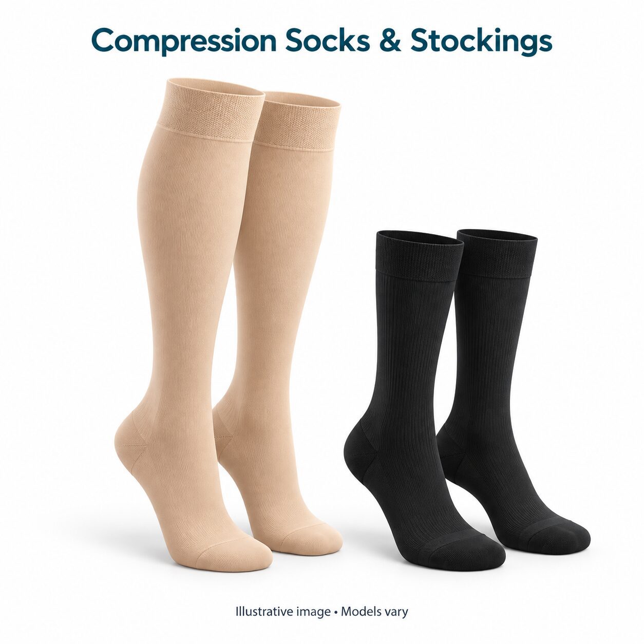 Illustration of Compression Socks and Stockings; models vary