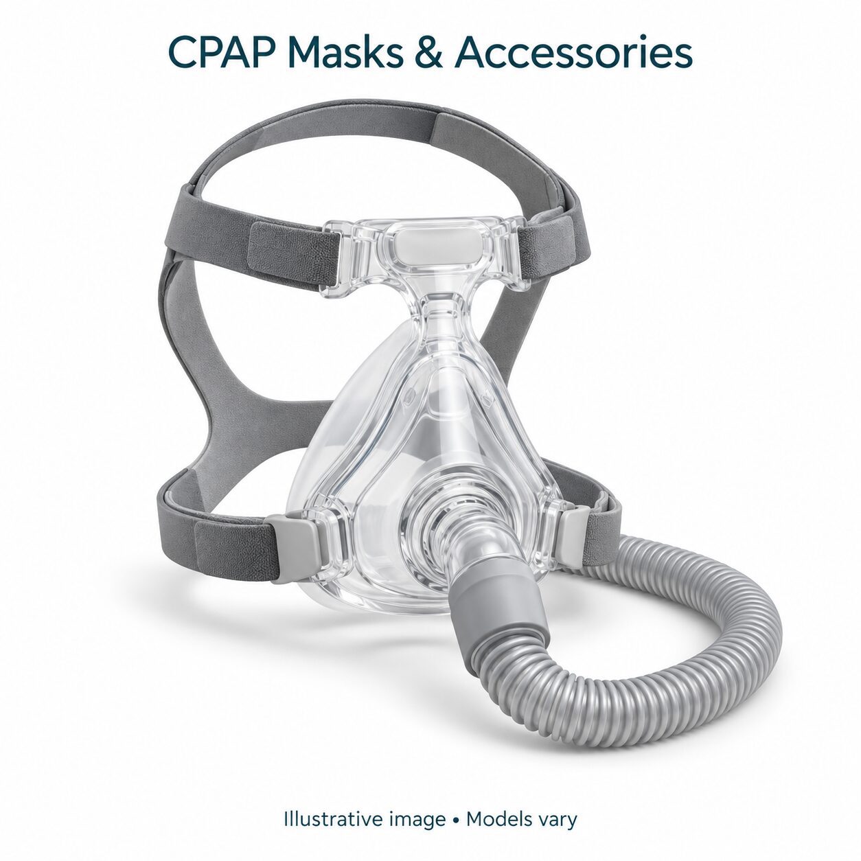 Illustration of CPAP Masks and Accessories; models vary
