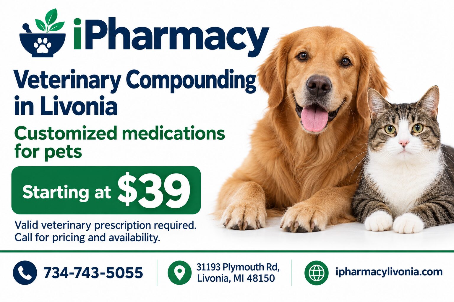 iPharmacy veterinary compounding in Livonia, starting at $39. Dog and cat pictured.